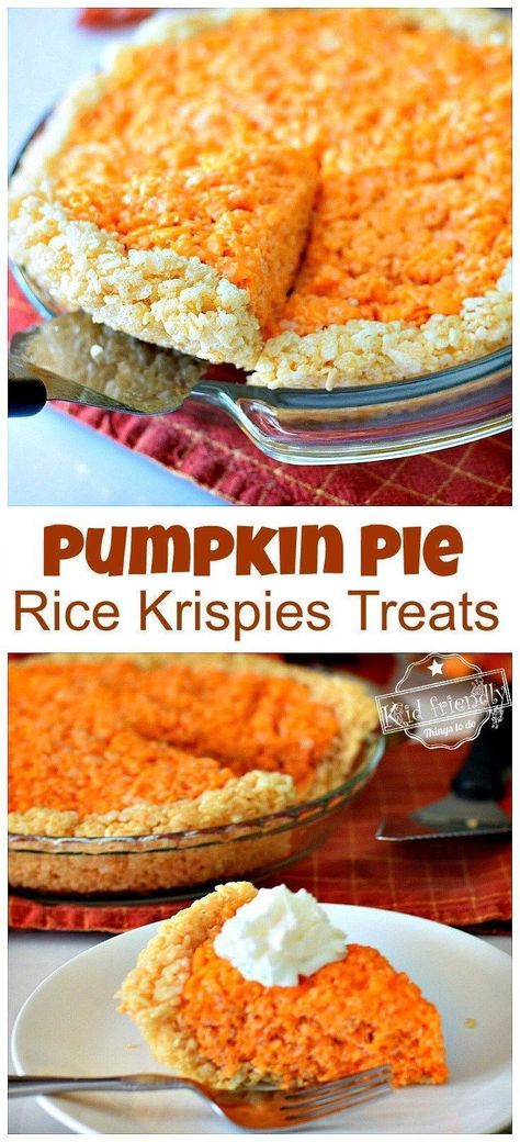 Pumpkin Rice, Thanksgiving Desserts Kids, Thanksgiving Snacks, Thanksgiving Desserts Easy, Pie Pumpkin, Yummy Fall Recipes, Easy Pumpkin Pie, Rice Krispies Treats, Kids Cooking Recipes