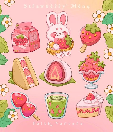 Faith Varvara on Instagram: “Redraw from about 3 years ago! Doing my lil menu without the writing I normally do for this one, what do you prefer?? • • • #strawberry…” Faith Varvara, Strawberry Treats, Strawberry Art, 귀여운 음식 그림, Food Illustration Art, Seni Dan Kraf, Kawaii Illustration, Cute Food Drawings, Cute Food Art