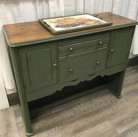 Olive Green Buffet Cabinet, Olive Green Furniture, Antique Buffet Makeover, Green Sideboard, Dining Room Table Makeover, Sideboard Upcycle, Buffet Makeover, Antique Buffet, Painted Sideboard