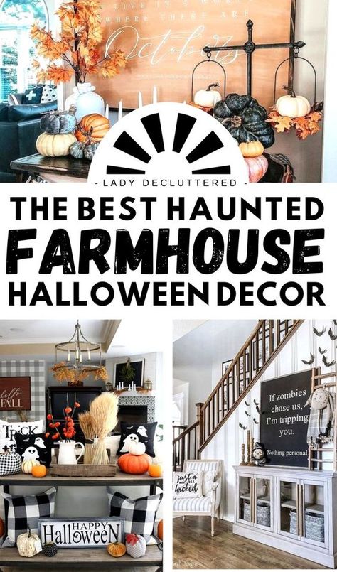 Transform your home into a haunted haven with over 80 creative and creepy Halloween decoration ideas. From eerie lighting to spooky DIY crafts, we've got you covered! #HalloweenDecor #IndoorDecor #SpookySeason #halloween #halloweendecoration #halloweenhomedecor #falldecor #tjmaxxfinds Halloween Porch Ideas Farmhouse, Farmhouse Fall And Halloween Decor, Modern Farmhouse Outdoor Halloween Decor, Fall Mixed With Halloween Decor, Farmhouse Halloween Entry Table, Decorating House For Halloween, Haunted Farmhouse Decor, Combining Fall And Halloween Decor, Fall Halloween Decor Ideas For The Home