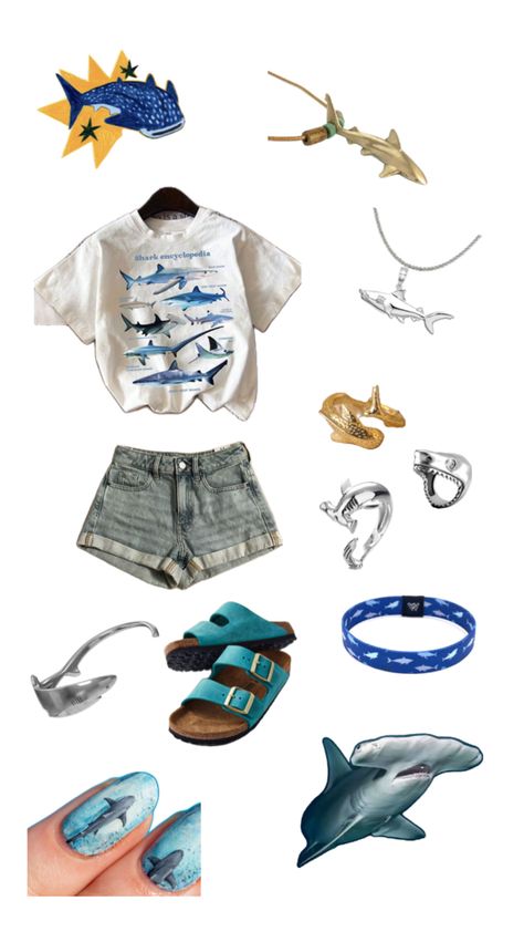 Aquatic Themed Outfit, Shark Themed Outfit Aesthetic, Shark Inspired Fashion, Shark Inspired Outfit, Shark Outfit, Shark Clothes, Shark Tank Products, Soft Grunge Outfits, Silly Clothes