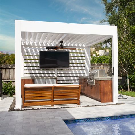 What is the Difference Between a Pergola and a Pagoda - Azenco Outdoor Modern Pergola Designs, Louvered Roof, White Pergola, Hey Siri, Louvered Pergola, Building A Pergola, Modern Pergola, Aluminum Pergola, Privacy Walls