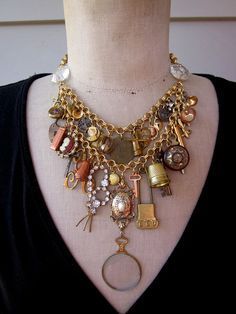 Kay Adams, Treasure Necklace, Vintage Assemblage Jewelry, Found Object Jewelry, Vintage Jewelry Ideas, Vintage Jewelry Repurposed, Junk Jewelry, Vintage Repurposed, Steampunk Necklace