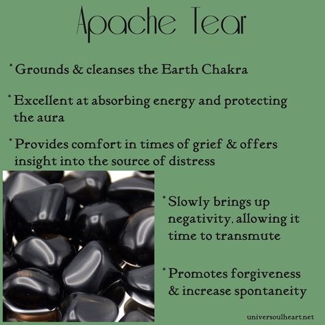 Apache Tear is a more gentle form of Black Obsidian. It gets its name because it is believed to shed tears in times of sorrow.  #apachetear #crystalhealing #universoulheartreiki #reiki #reikimaster Apache Tears Crystal Meaning, Apache Tears Stones, Apache Tears Crystal, Energy Stones Crystal Healing, Apache Tears, Crystals For Manifestation, Crystal Power, Magical Stones, Crystals Healing Properties