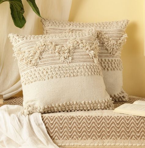 PRICES MAY VARY. Cotton BOHO PILLOW COVERS DESIGN & SIZE: This tufted throw pillow cover has a designer look and feel, will stands out in the mix. Fantastic quality will absolutely exceed your expectations. A textile fabric with an interesting and tribal design. 18x18 Inches, Shape- Square, Closure Type- Hidden Zipper, 100% pure cotton breathable fabric. LUXURY & DURABLE: Neutral Accent Throw pillow cover for couch own unique designs and look multi-textured. There is a woven rope pattern in the Throw Pillows Boho, Pillow Covers Design, Living Room Farmhouse Style, Boho Pillow Covers, Textured Pillows, Cover For Couch, Neutral Throw Pillows, Summer Room, Boho Throw Pillow