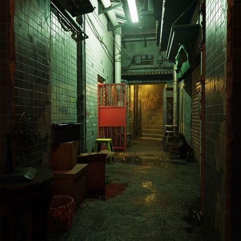 City Alleyway Night, 2000s City Aesthetic, Alley Drawing Reference, City Alleyway Aesthetic, Back Alley Aesthetic, Alleyway Background, Poor Apartment, Japanese Alleyway, Alleyway Aesthetic