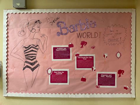 Ra Bulletin Boards Barbie, Barbie Bulletin Board, Ra Bulletins, Ra Boards, Ra Bulletin Boards, Resident Assistant, Ra Ideas, Hall Decor, Sign Ideas