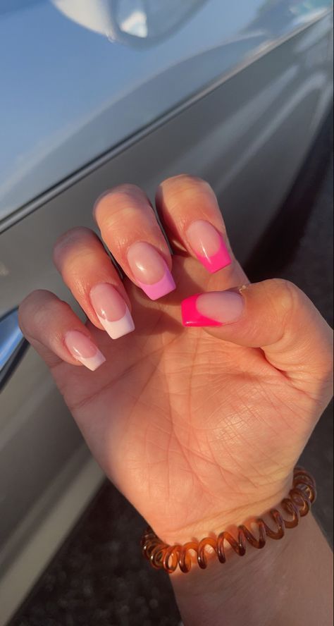 #outfit #nails #nailart #nailidea #ootd #everydaystyle #beauty #makeup #skincare #skincareroutine #routine Trendy French Tip Nails Coffin Short, Different Pinks French Tip Nails, Preppy Nails Coffin, Preppy French Tip Nails Short, Short Summer Acrylic Nails French Tip, Spring Neon Nails, Preppy Nails French Tip, Nail Inspo Summer Coffin, Pink Coffin French Tip Nails