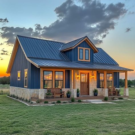 Small House Building Ideas, Dark Green Barndominium Exterior, Dark Blue Barndominium, Blue Barndominium Exterior, Blue Barndominium, Barndominium Colors, Pole Barn Cabin, Blue Roof House, Blue Tiny House