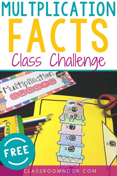 Get your FREE Multiplication Facts Challenge to help your students learn their multiplication facts FOR GOOD. Better yet, have them BEGGING to practice their math facts with this fun and motivating class challenge. Students work to build their fact fluency ( Ice Cream Multiplication Challenge, Multiplication Facts Memorizing, Board Header, Data Wall, Student Certificates, Division Facts, Fifth Grade Math, Math School, Fourth Grade Math