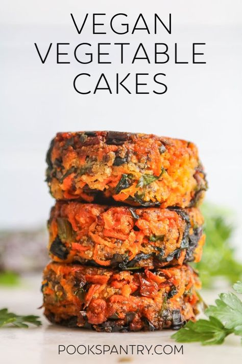 Vegan veggie cakes with chia seeds, carrots and greens come together in 30 minutes for a quick and delicious meal.  #veganrecipes #veganeats #veggiecakes #veganveggiecakes Veggie Cake, Vegetable Cakes, Vegetable Patties, Pantry Recipe, Vegan Seitan, Veggie Cakes, Vegan Chickpea Curry, Roasted Vegetable Pasta, Vegetable Cake