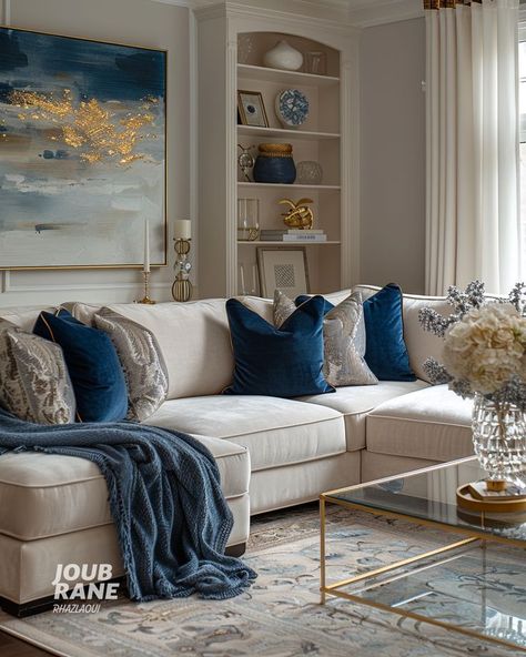 Navy Blue Cushions Living Room, Navy Gold Decor, Blue Cream Living Room Ideas, Navy Blue Beige And Gold Living Room, Mykonos Living Room, Navy Blue And Gold Living Room Decor, Beige And Navy Living Room, Living Room With Navy Accents, Living Room Ideas Bright