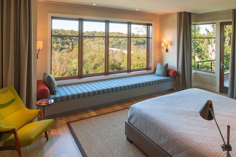 Earth tones in this modern master bedroom complement the stunning vista outside. Window Seat Design, Indian Room Decor, Indian Bedroom Decor, India Home Decor, Home Design Magazines, Bedroom Furniture Design, Room Design Bedroom, Rustic Bedroom, House Interior Decor