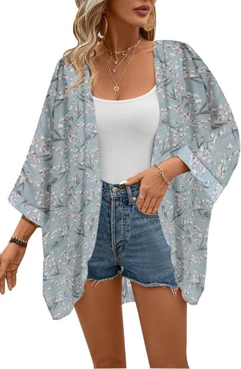 olrain Women's Floral Print Sheer Chiffon 3/4 Bat Sleeve Casual Loose Kimono Cardigan Capes Floral Outfit Summer, Chiffon Kimono Cardigan, Long Tshirt Dress, Loose Kimono, Origami Dress, Chiffon Cardigan, Chiffon Kimono, Cute Coats, Bat Sleeve