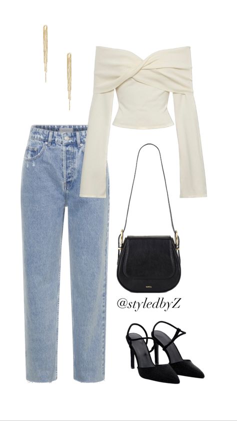 Meshki, off the shoulder top, jeans styled, summer to fall, outfit ideas, outfit inspo, style inspiration Cream Off Shoulder Top Outfit, Off The Shoulder Top Outfit, Cami Outfit, Dress Up Jeans, Twist Top, Black Accessories, Off The Shoulder Top, Fall Style, Casual Style Outfits