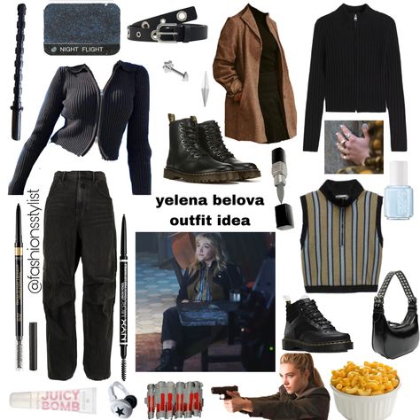 #yelenabelova #blackwidow #marvel #outfits Yelena Belova Fashion, Yelena Belova Aesthetic Outfit, Yelena Belova Outfit Ideas, Yelena Belova Outfit Inspired, Marvel Fashion Inspired Outfits, Yelena Belova Inspired Outfits, Black Widow Inspired Outfits, Marvel Outfits Inspired, Yelena Belova Outfit