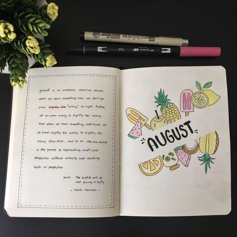 Journal August, Fruit Drawing, Weekly Log, Journal Business, Bullet Journal Month, Bullet Journel, School Journals, Bullet Journal Set Up, Bullet Journal Font