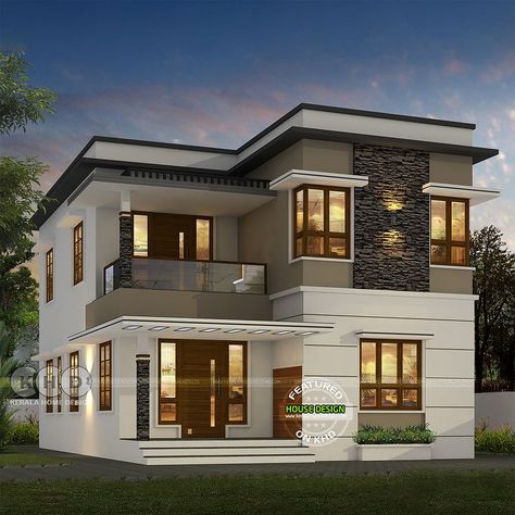 Flat roof Kerala home design Nught view rendering 1600 Sq Ft House Plans, Flat Roof House Designs, House Structure Design, Two Story House Design, Flat Roof House, 2 Storey House Design, House Outer Design, House Roof Design, Small House Front Design