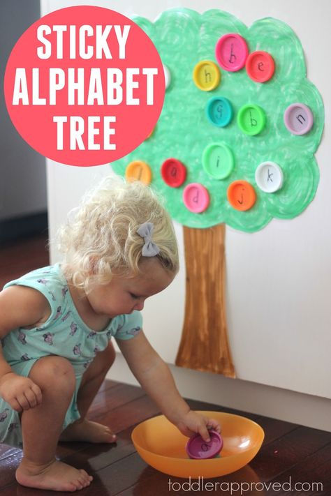 Sticky Alphabet Tree for Toddlers - Toddler Approved Infant Literacy Activities, Language And Literacy For Toddlers, Walrus Activities, Language Activities For Infants, Literacy Activities For Toddlers, Language Activities For Toddlers, Infant Activities Daycare, Toddler Classroom Decorations, Alphabet Tree