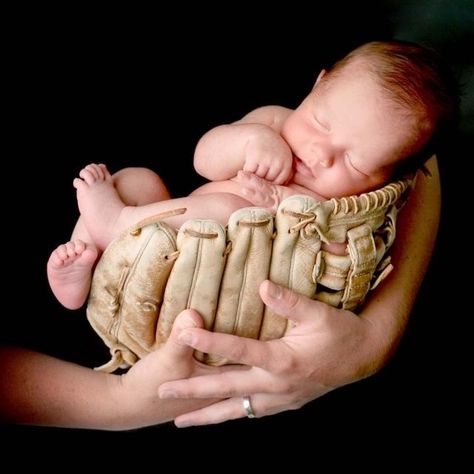 Softball omg this is so cute. #baby #softball #adorable #cute #omg Baby Boy Newborn Pictures, Baby Gloves, Baseball Gloves, Dandelion Wishes, Newborn Baby Photoshoot, Baby Poses, Newborn Baby Photos, Baseball Baby, Newborn Poses