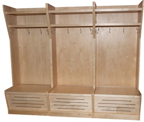 NHL styled hockey gear storage lockers Basement Locker Room Ideas, Ice Hockey Locker Room, Diy Hockey Locker Plans, Hockey Locker Diy, Hockey Lockers In Garage, Hockey Garage, Hockey Gear Storage, Hockey Locker Room, Hockey Equipment Storage