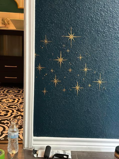 Celestial Wallpaper Living Room, Celestial Boho Living Room, Blue Wall With Stars, Furniture With Stars, Celestial Library Aesthetic, Starry Bathroom Ideas, Celestial Ceiling Wallpaper, Esoteric Interior Design, Sun Inspired Room