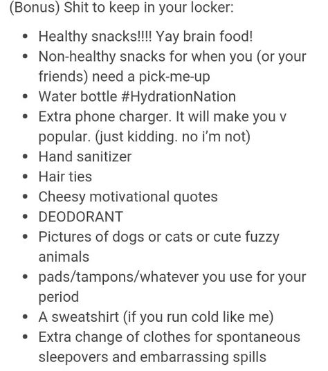 What to keep in your locker Snacks To Keep In Your Locker, What To Keep In Your School Locker, What To Keep In Ur Locker, Stuff To Keep In Your Locker, Things To Keep In Locker, What To Keep In Locker, What To Have In Your Locker, Things To Keep In Your Locker, Lookers Ideas Lockers