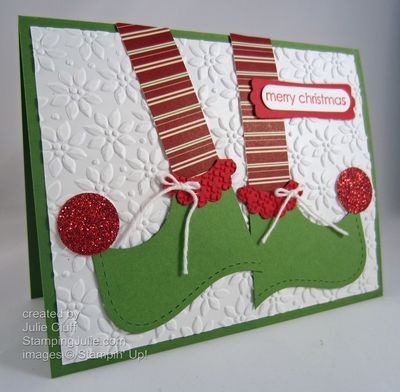 Christmas elf shoes by juliestamps - at Splitcoaststampers Winter Karten, Punch Art Cards, Elf Shoes, Christmas Cards Kids, Homemade Christmas Cards, Stampin Up Christmas Cards, Christmas Card Crafts, Diy Christmas Cards, Christmas Cards To Make