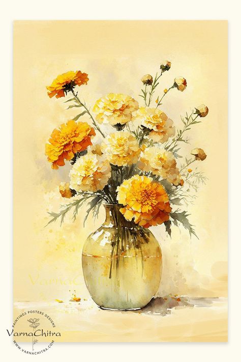 marigold still life painting by Biju Varnachitra Indian Artist. Still Life Watercolor Paintings, Marigold Drawing, Birth Flower Painting, Marigold Painting, Watercolor Marigold, October Birth Flower, Flower Symbolism, October Birth Flowers, Flower Still Life