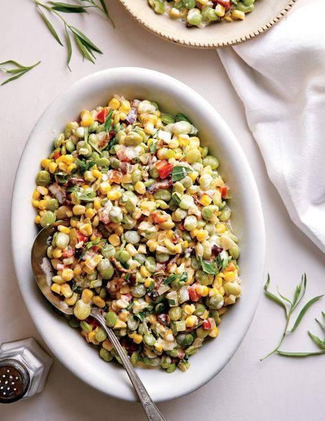 French-Style Succotash – Garden & Gun Succotash Recipe, Easter Dishes, Corn Dishes, Vegetarian Side Dishes, Summer Eating, Butter Beans, Kid Food, French Cooking, Southern Cooking