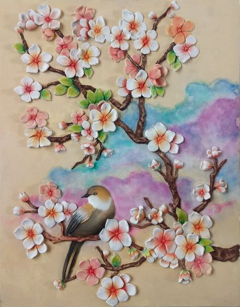 3d Clay Art On Canvas, Cardboard Clay, Cherry Blossom Painting Acrylic, Blossom Drawing, 3d Relief Art, Clay Painting, Cherry Blossom Painting, Clay Designs, Canvas For Beginners