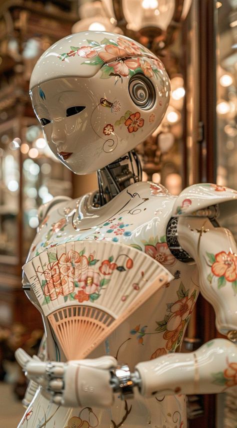 Prompt 👉Japanese porcelain robot with a traditional fan in hand, made in light colors with traditional floral patterns, close-up. The setting is an ornate museum hall filled with various mechanical sculptures and vintage electronic equipment. The mood should be mysterious yet elegant, reflecting the essence of futuristic craftsmanship and historical beauty in the style of photography. 👉 if Like, please Follow and Share AI Graphics Studio 👇Contact on WhatsAPP: http://tiny.cc/aigraphicsstudio ... Porcelain Robot, Be Mysterious, Night Cafe, Japanese Robot, Draw Together, Japanese Porcelain, Floral Patterns, Japanese Style, Light Colors