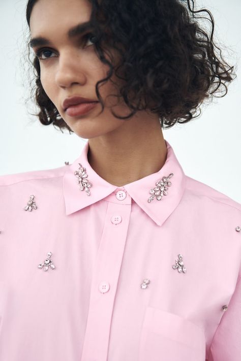 View All Shirts | Blouses Woman | ZARA United States Beaded Shirt, Embellished Shirt, Shirt Blouses Women's, Classic White Shirt, Shirts And Blouses, Zara Shirt, Zara Blouse, Denim Blouse, Shirt Embroidery