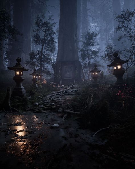 Japanese Forest Shrine, Japanese Forest Aesthetic, Japanese Shrine Aesthetic, Japanese Night Aesthetic, Forest At Night Aesthetic, Dark Forest Aesthetic Night, Forest Night Aesthetic, Dark Japanese Aesthetic, Shrine Aesthetic