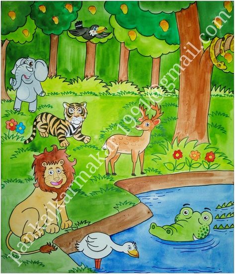 Easy jungle painting with water colour by Pankaj karmakar Jungle Drawing Forests, Jungle Drawing Easy With Animals, Animals In Jungle Drawing, Forest Animal Drawings Easy, Forest Scenery Drawing For Kids, Forest With Animals Drawing, Jungle Painting Easy, Jungle Scene Drawing, Easy Forest Drawings