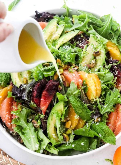 Spring Mix Salad Recipes, Cycle Synching, Citrus Salad Recipes, Mixed Greens Salad, Yummy Vegetables, Beach Recipes, Grapefruit Salad, Spring Mix Salad, Orange Vinaigrette