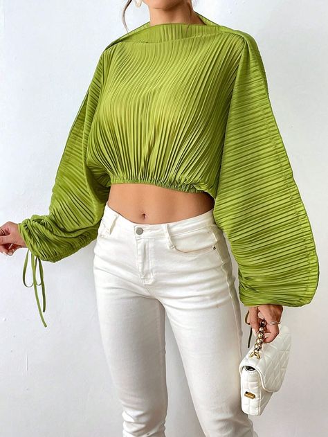 SHEIN Essnce Solid Drawstring Cuff Dolman Sleeve Crop Blouse | SHEIN USA Long Sleeves Design For Blouse, Big Sleeves Blouse, Big Sleeves, Plain Blouse, Causual Outfits, Women Blouses, Crop Blouse, Teenage Fashion Outfits, Edgy Outfits