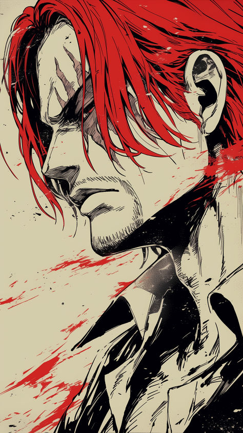 Red haired shanks two toned wallpaper closeup Red Hair Shanks, One Piece Photos, One Piece Cartoon, Anime Drawing Books, One Piece Wallpaper Iphone, Cool Anime Backgrounds, One Peice Anime, Anime Wallpaper Phone, One Piece Drawing