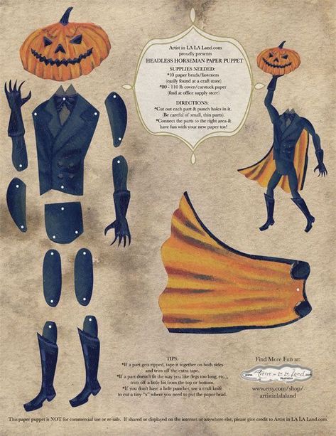 The Legend Of Sleepy Hollow, Legend Of Sleepy Hollow, Paper Puppets, Headless Horseman, Diy Print, Sleepy Hollow, Halloween Vintage, Vintage Paper Dolls, Theme Halloween