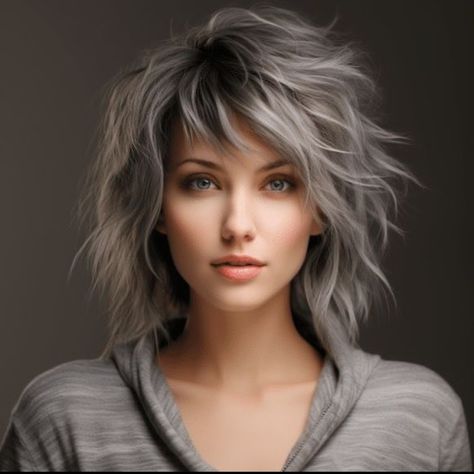 Textured Shoulder Length Hair With Bangs, Shag Haircut Gray Hair, Medium Length Shags For Women, Choppy Shag Hairstyles Short With Bangs, Back View Of Bob Hairstyles Layered Hair, Growing Out A Pixie To A Shag, Shag Hairstyles 2023, Wispy Bangs Shaggy Hair, Heavily Layered Shag Haircut