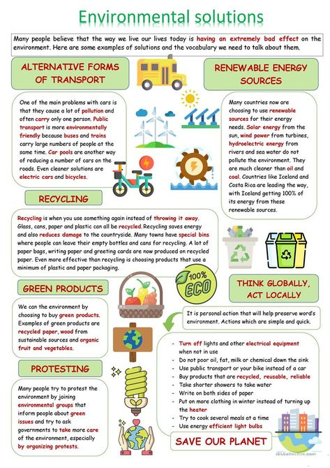 Environmental solutions - English ESL Worksheets for distance learning and physical classrooms Environmental Art Projects, Environmental Activities, Ap Environmental Science, Environmental Psychology, Environmental Problems, English Project, Environmental Problem, Special Needs Students, English Reading