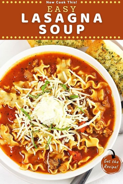 This Easy Lasagna Soup recipe has everything you love about traditional lasagna - meat, pasta, sauce, and cheese - in a tasty beefy tomato broth (and without all the fuss). It's delicious, filling, comforting, and quick enough for a weeknight dinner! Get the recipe and give it a try! Meat Pasta Sauce, Best Lasagna Soup Recipe, Easy Lasagna Soup, Lasagna Soup Recipe, Traditional Lasagna, Meat Pasta, Classic Lasagna, Ricotta Pasta, Lasagna Soup