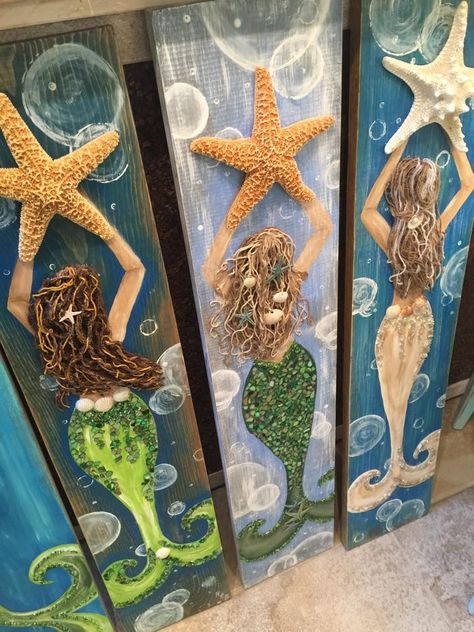 Mermaid Bathroom Decor, Mermaid Sign, Beach Themed Crafts, Art Coquillage, Mermaid Crafts, Mermaid Wall Art, Mermaid Painting, Shell Crafts Diy, Sea Crafts