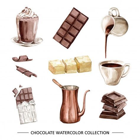 Watercolor Chocolate, Chocolate Illustration, Chocolate Logo, Recipe Template, Coffee Cafe, Delicious Chocolate, Sticker Collection, Food Illustrations, 로고 디자인