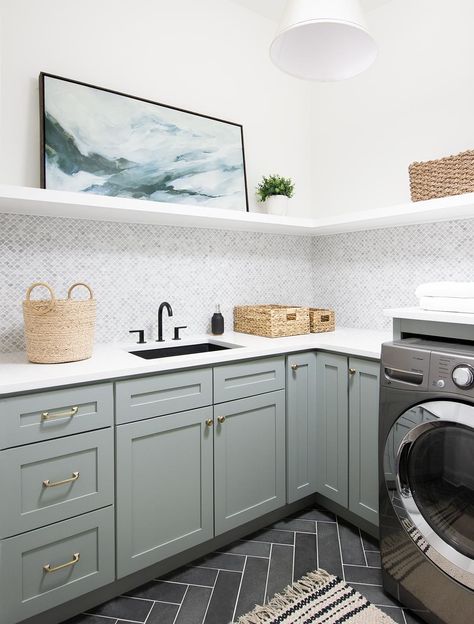 Five Must-Haves for a Stylish Laundry Room - Plank and Pillow Laundry Room Design Sage Green, Blue Green Cabinets Laundry Room, Color Cabinets Laundry Room, Painted Laundry Room Cabinets, Plank And Pillow, Laundry Room Paint, Green Laundry, Porch Swing Bed, Stylish Laundry Room