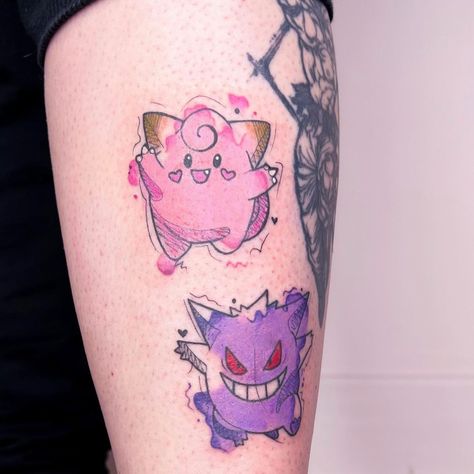 Feminine Pokemon Tattoo, Bullseye Tattoo, Gengar Tattoo, Pokemon Sleeves, Book Annotating, Pokemon Tattoos, Pikachu Tattoo, Floral Tattoo Shoulder, Bright Tattoos