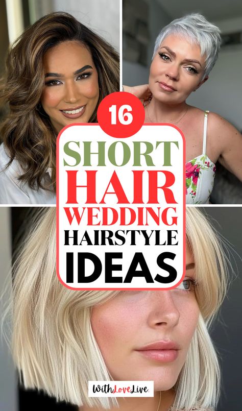 Short hair, don’t care—check out these stunning wedding guest hairstyle ideas! ✨💇‍♀️ From chic pixie cuts to romantic waves, find the perfect style for your big event. Make a statement with your short hair and save this pin for future inspiration! 📌💖 Wedding Hairdo Short Hair, Short Up Dos Wedding, Wedding Dos For Short Hair, Bridesmaid Hairstyle Shorthair, Short Hairstyle For Event, Wedding Style For Short Hair, Cute Wedding Hairstyles For Short Hair, Short Hair Styles For Wedding Bridesmaid, Short Hairstyle Wedding Bride