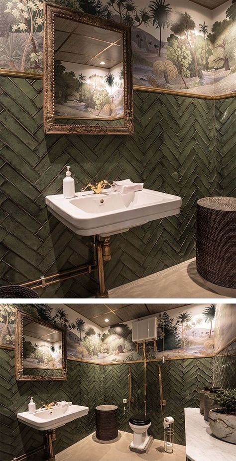 Unusual Interiors Fishbone Tiles, Balthazar Restaurant, Toilet Wallpaper, Restaurant Toilet, Jungle Restaurant, Toilette Design, Lush Jungle, Office Wallpaper, Guest Toilet