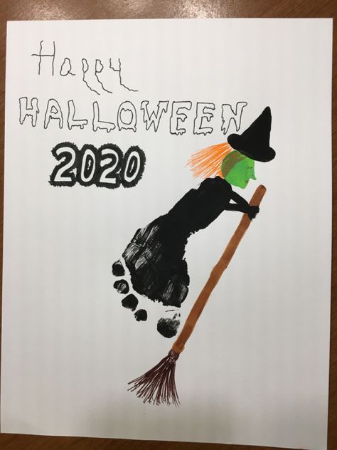 Witch footprint. Fall. Witches Crafts For Toddlers, Fall Footprint Art For Infants Halloween, Halloween Feet Paint Crafts, Baby Feet Halloween Craft, Halloween Crafts With Feet Prints, Witch Footprint Craft, Footprint Craft, Footprint Crafts, Toddler Arts And Crafts