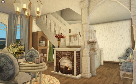 Bloxburg Victorian Living Room, Bloxburg Coquette, Bloxburg Cottage, Castle House Design, Small Modern House Plans, Blocksburg Room Ideas￼, Bloxburg Houses, Victorian Living Room, Bloxburg Builds